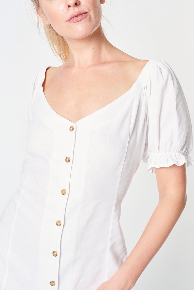 Blonde woman wearing a white buttoned dress mockup