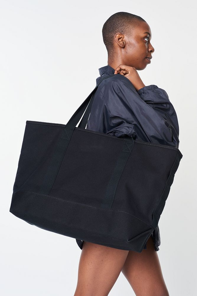Black girl with a black oversized blank tote bag