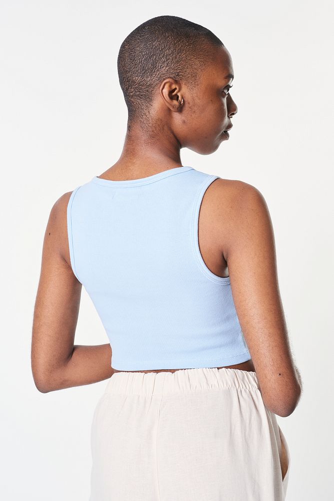 Black woman in a blue high neck crop top mockup