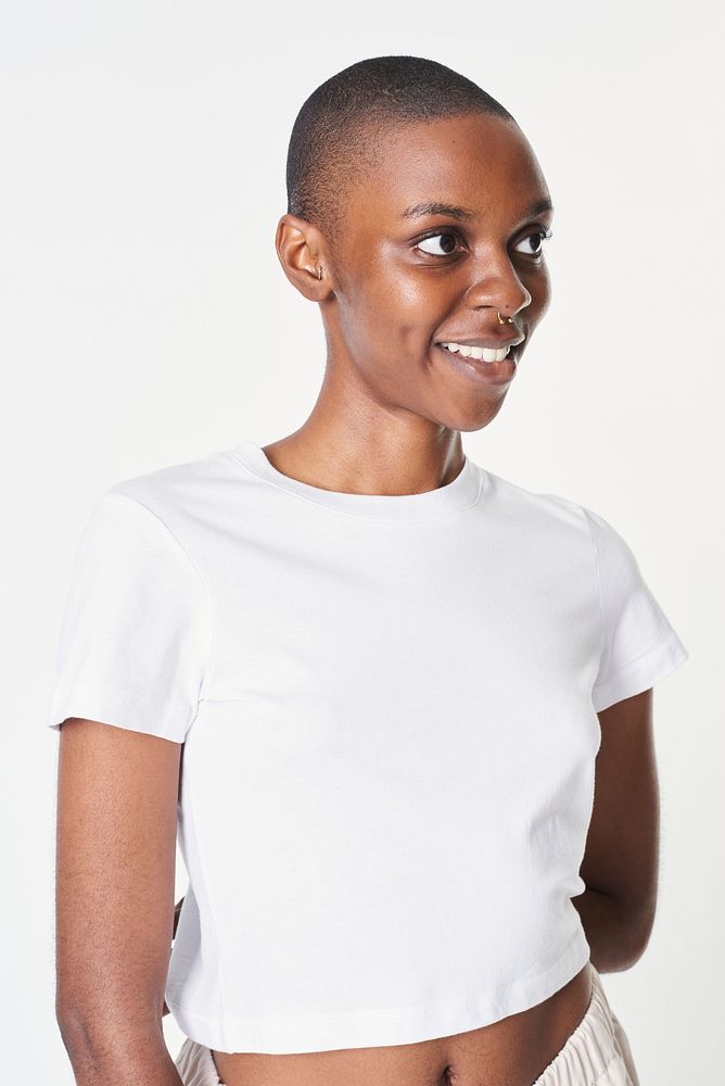 Black women in a sexy white cropped top with design space