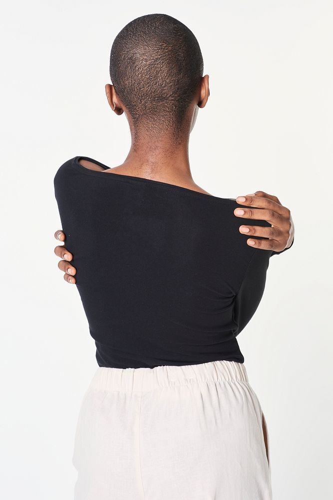 Rear view black woman in long sleeved black t-shirt mockup