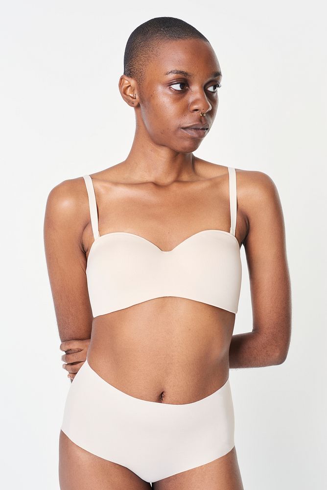 Black woman in beige underwear set mockup