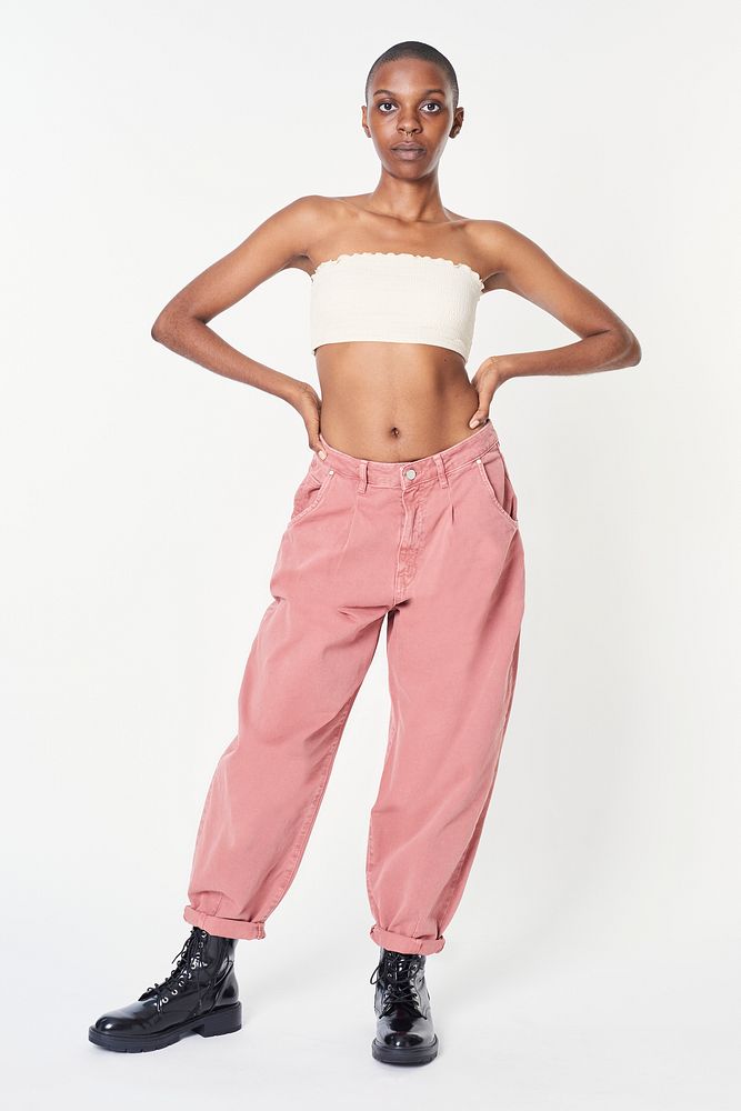 Black woman in pink jeans and a white bandeau top mockup