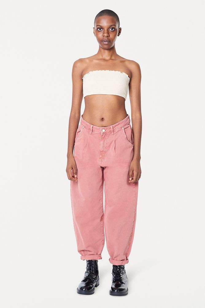 Black woman in pink jeans and a white bandeau top mockup