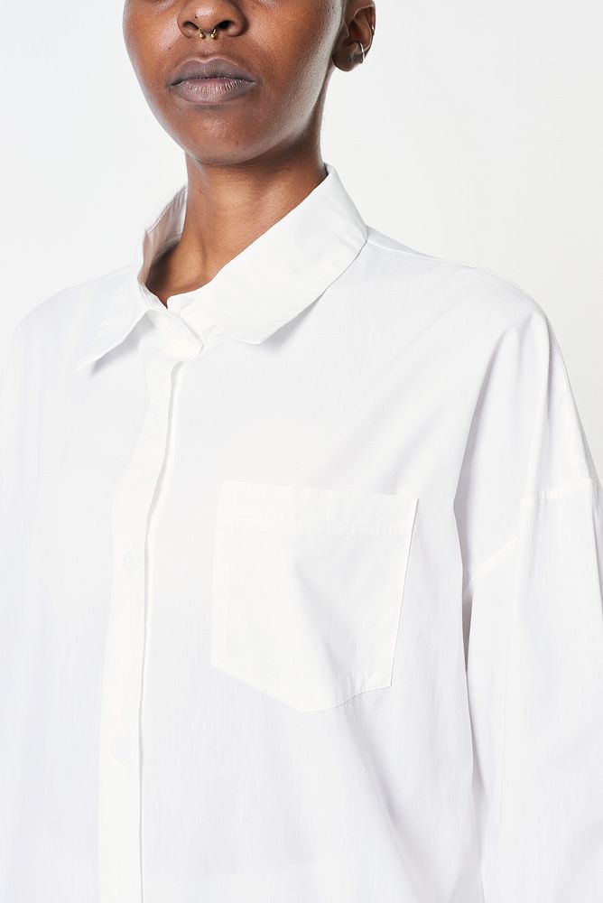 Black woman in white long sleeves shirt psd mockup