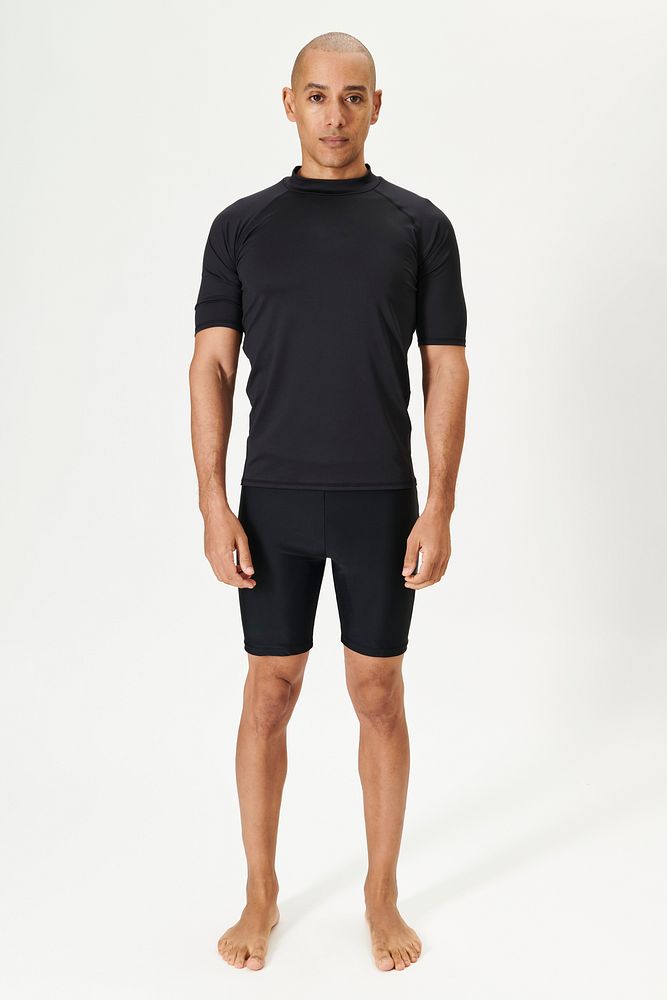 Men's black short sleeved wetsuit top full body shot