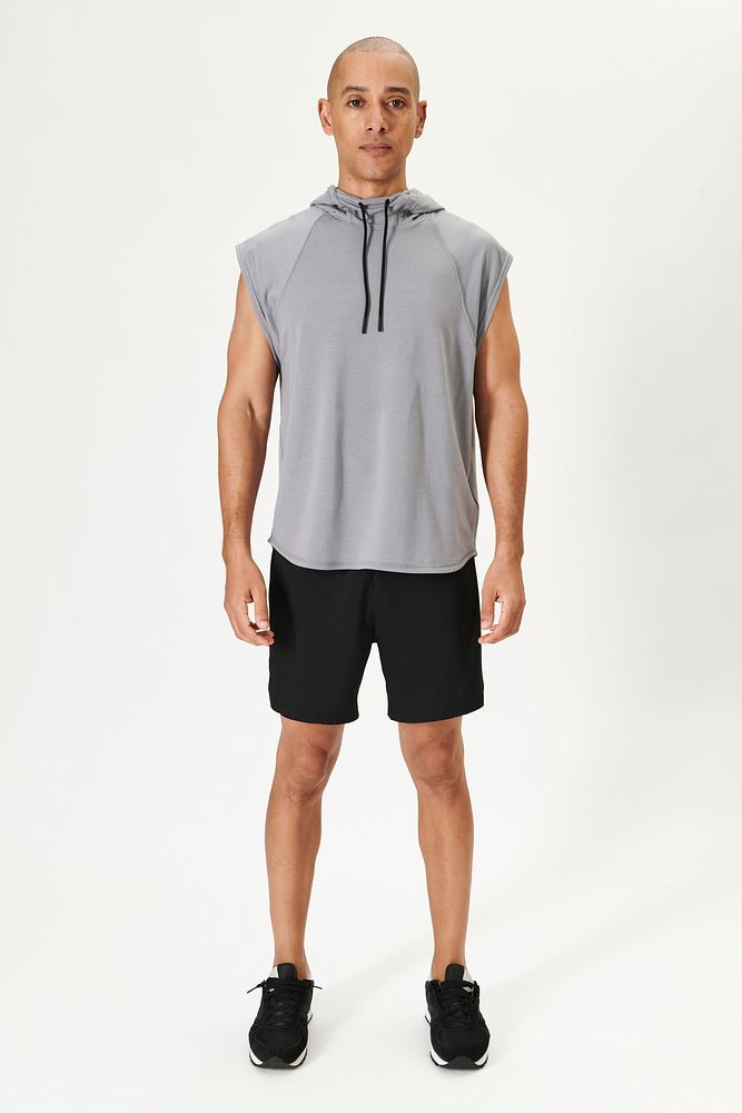 Man in a gray sleeveless hoodie activewear 