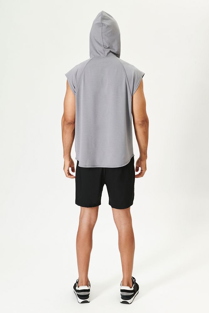 Men's gray sleeveless sportswear hoodie rear view 