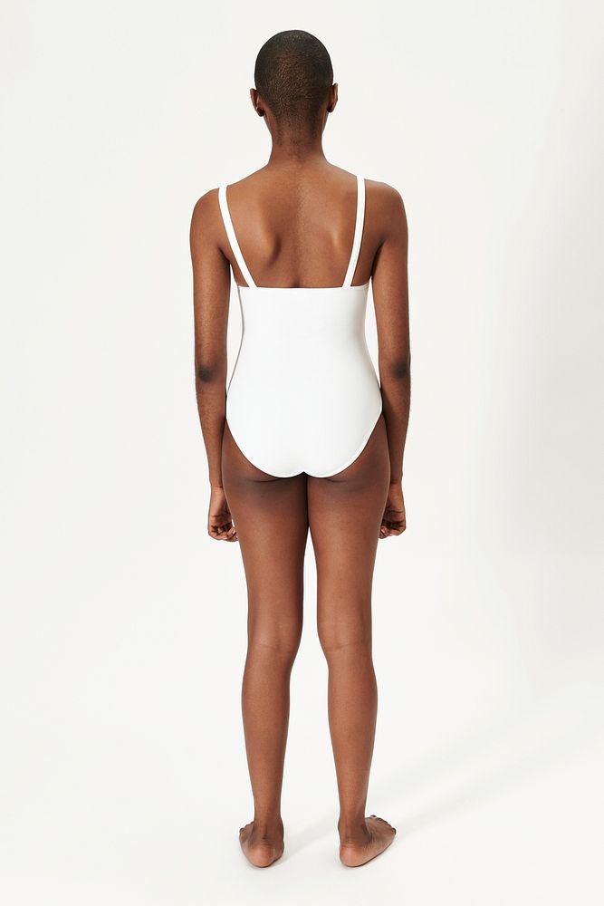 Black woman in white one piece swimsuit mockup rearview