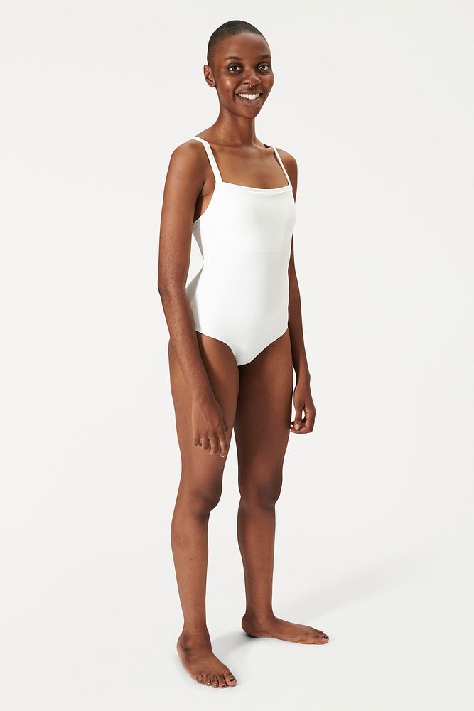 Black woman in white swimsuit psd mockup