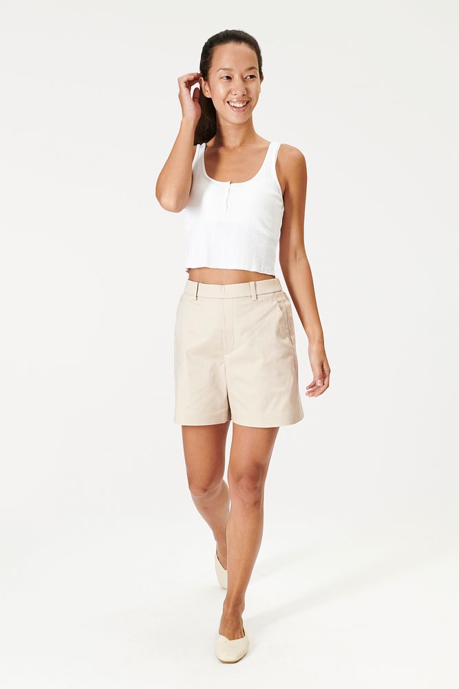 Woman in a minimal beige shorts mockup