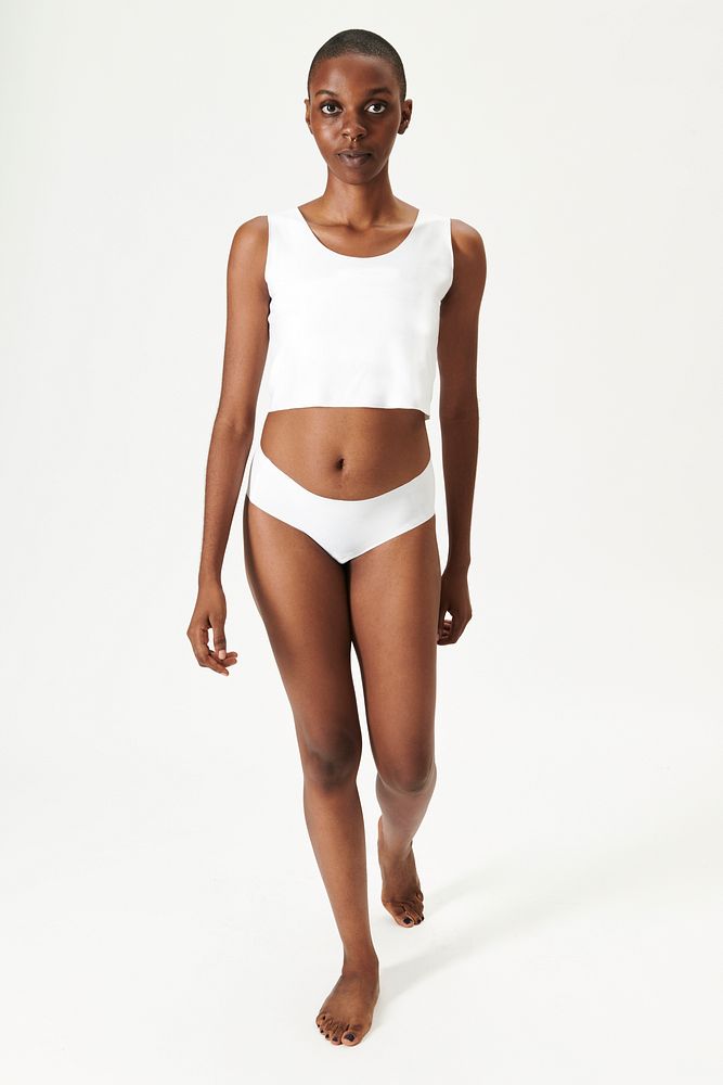 Black woman in a white crop tank top and underwear full body mockup 