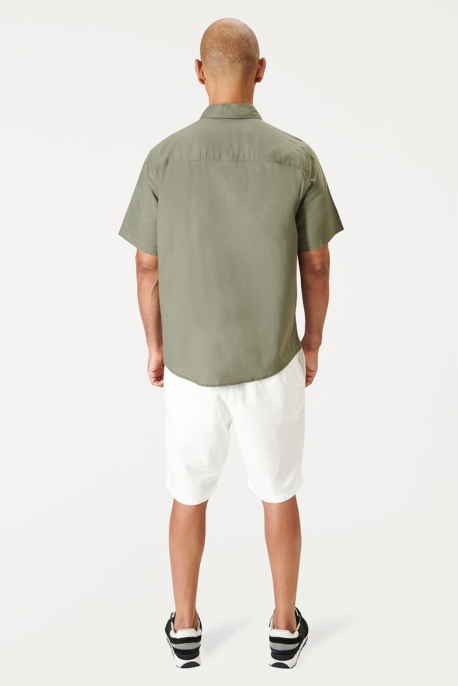 Man in a minimal sage green shirt psd mockup rear view