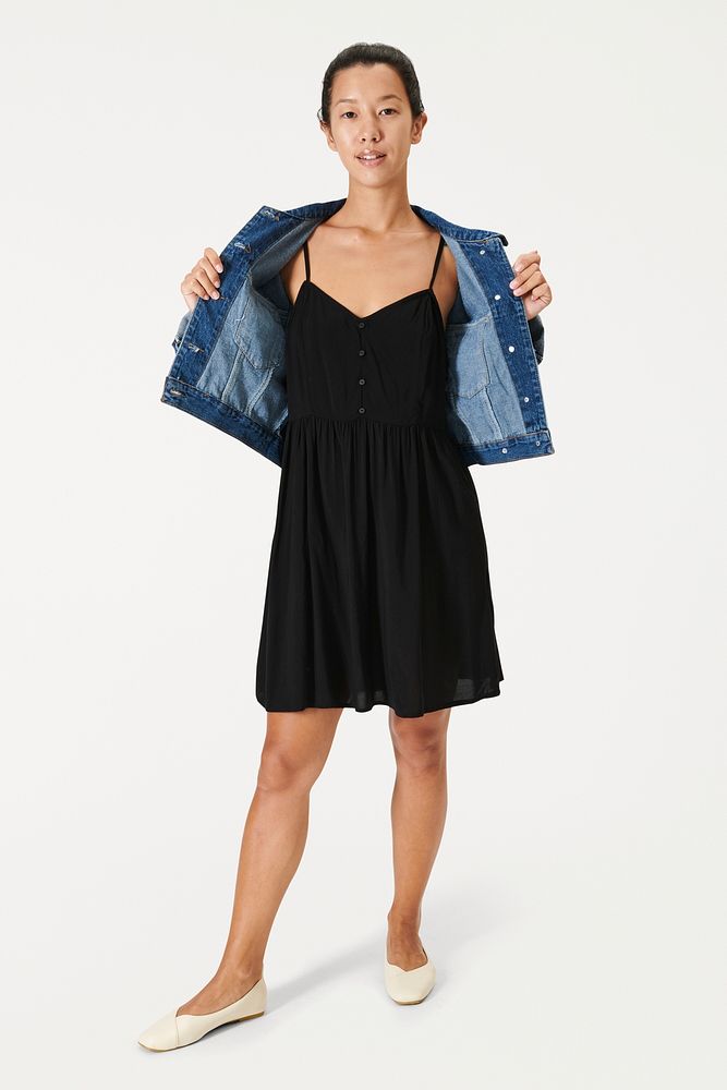 Woman in a black fitted dress and blue jeans jacket mockup