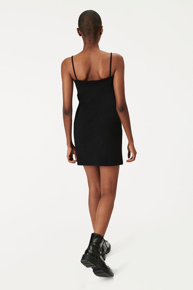 Black woman in a black dress mockup psd rear view