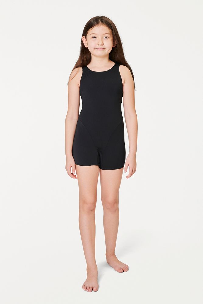 Full body girl's black swimwear mockup psd in studio