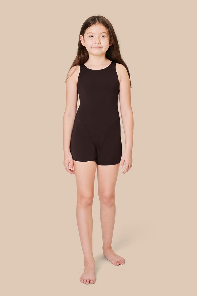 Full body girl's black swimwear mockup psd in studio