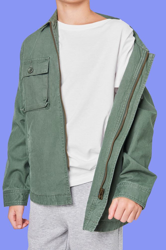 Boy's green jacket mockup psd in studio