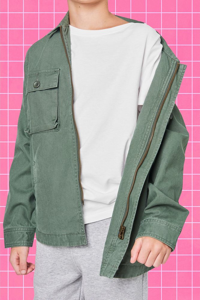 Boy's green jacket mockup psd in studio