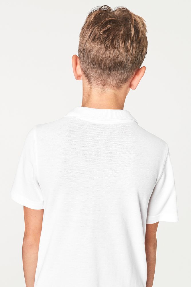 Boy wearing white collar t shirt psd mockup back view