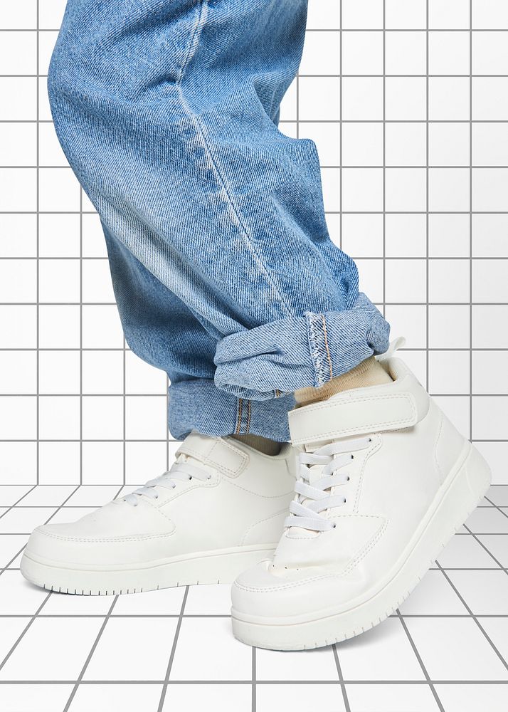 Child with jeans psd white sneakers mockup kid fashion