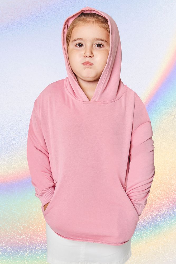 Psd girl in a pink hoodie mockup