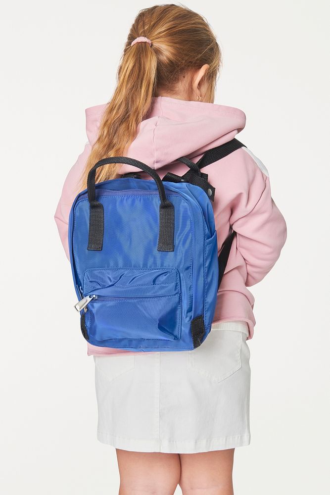 Girl's blue school bag mockup psd in studio