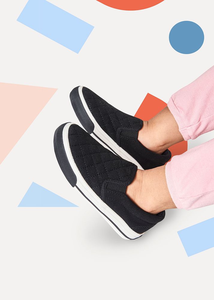 Child in black psd sneakers mockup kid fashion