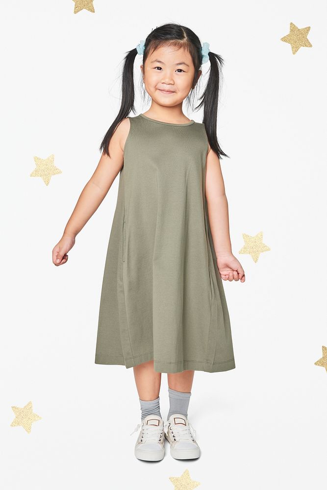 Asian girl wearing green dress full body psd mockup