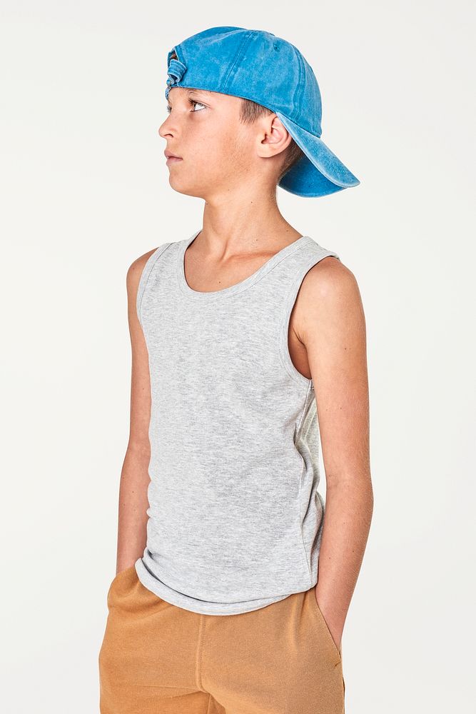 Boy's gray tank top and blue cap