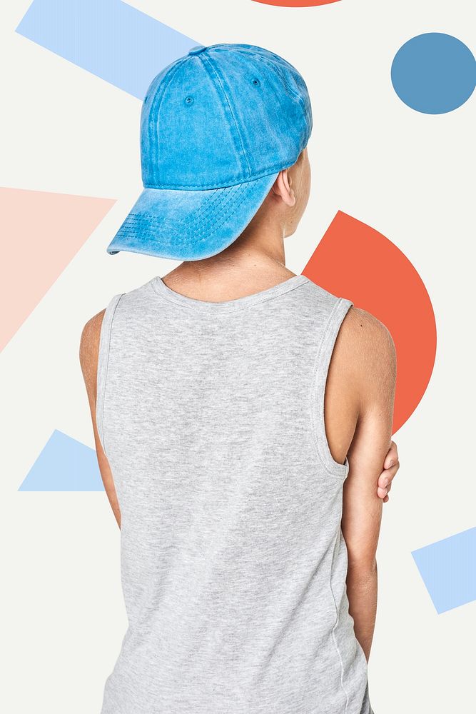 Back view boy's gray tank top with blue cap