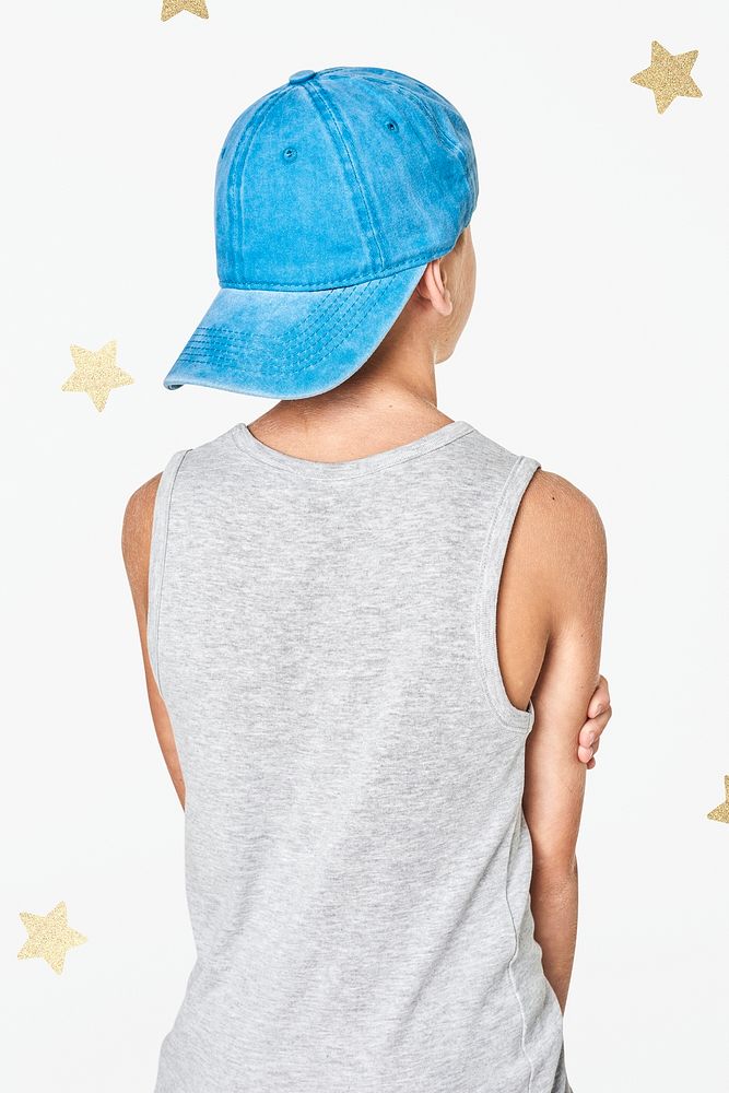 Back view boy's gray tank top with blue cap