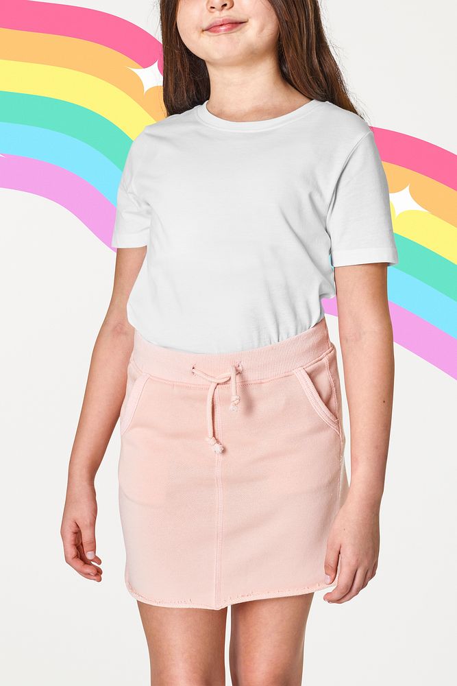 Woman wearing white tee and pink skirt psd mockup