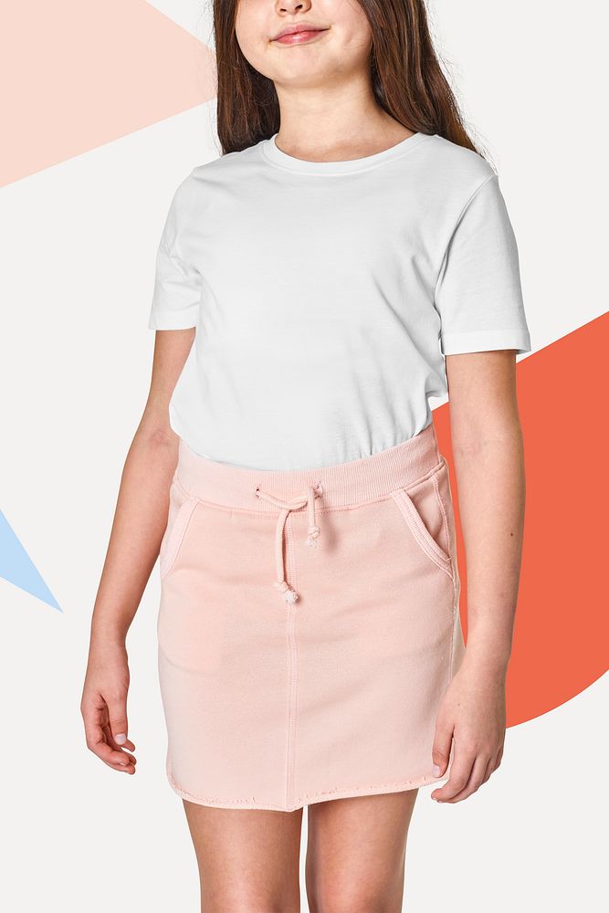 Woman in white t-shirt and pink skirt psd mockup