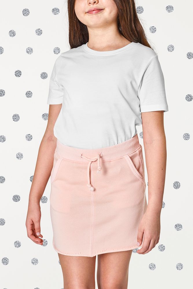 Woman's white t-shirt and pink skirt psd mockup