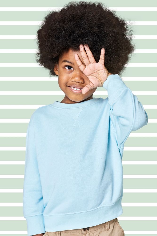 Black boy wearing blue sweater psd mockup