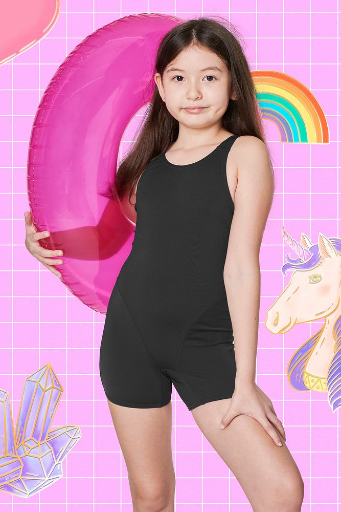 Girl wearing swimwear psd mockup holding a inflatable tube