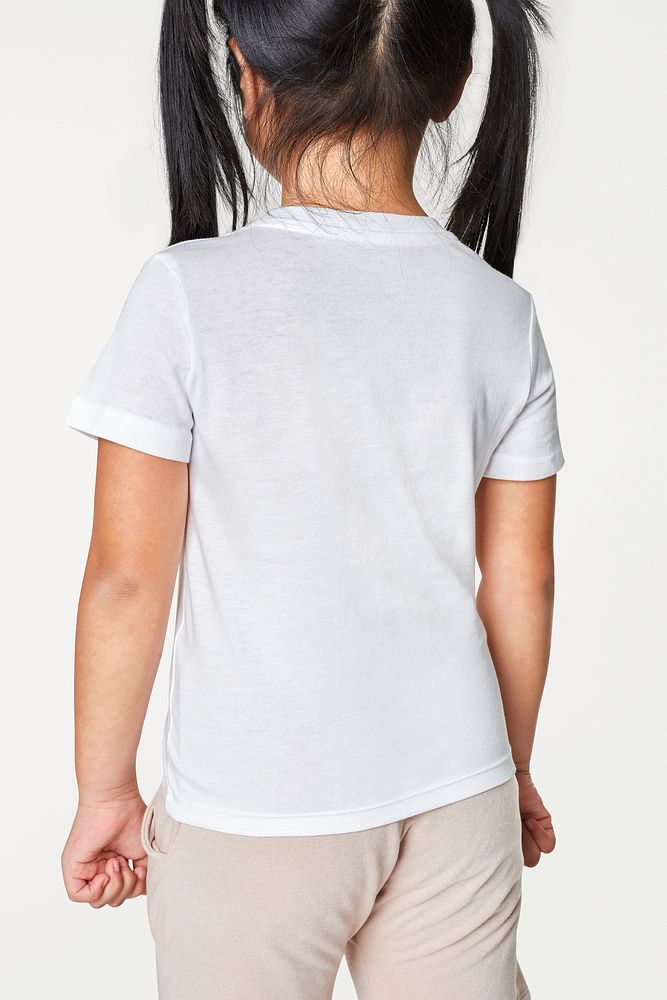 Asian girl's casual white tee psd mockup back view