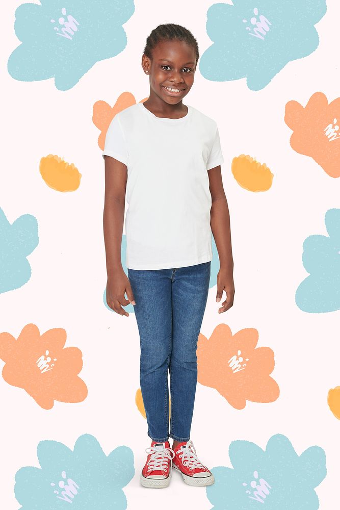 Black girl wearing psd white t shirt mockup studio shot