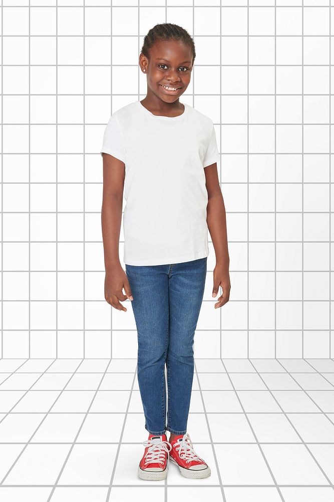 Black girl psd white t shirt mockup full body studio shot