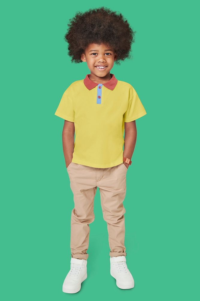 Black boy wearing yellow polo t shirt psd mockup