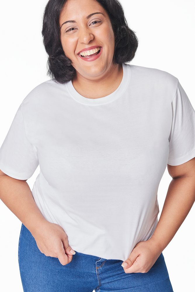 Women's white t-shirt and jeans plus size fashion studio shot