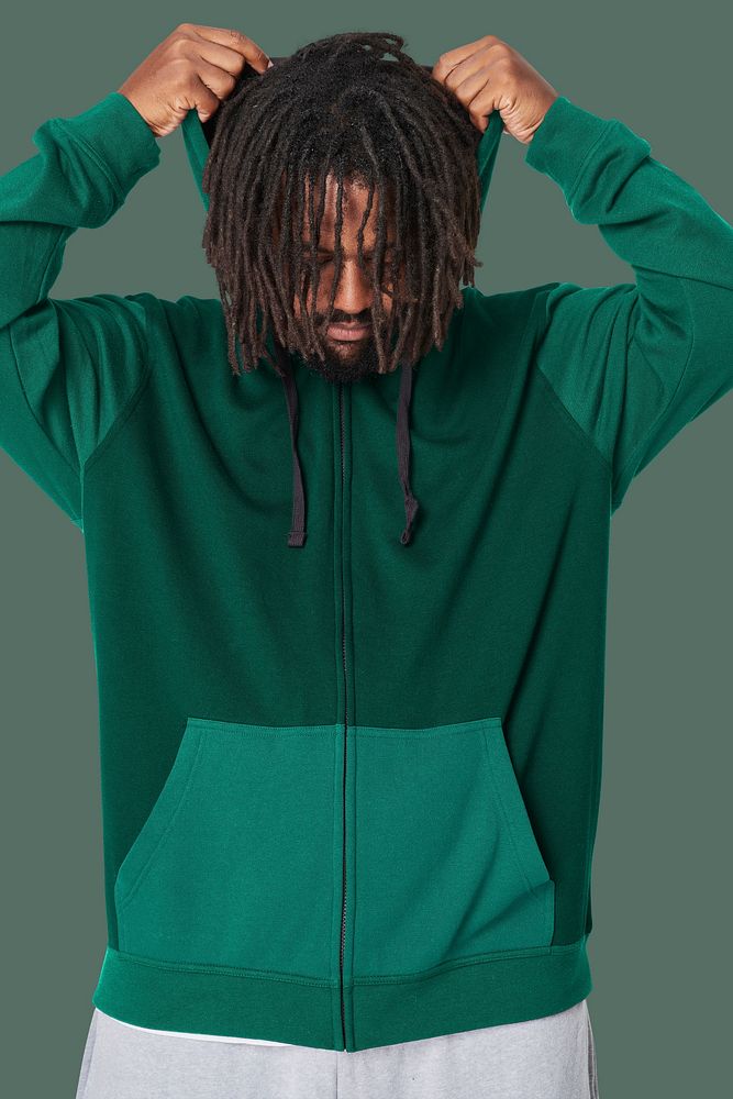 Men's green hoodie mockup psd fashion shoot in studio