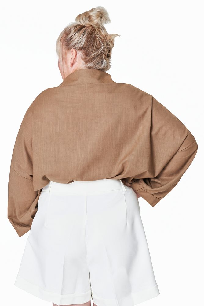 Size inclusive women&rsquo;s fashion brown shirt studio shot