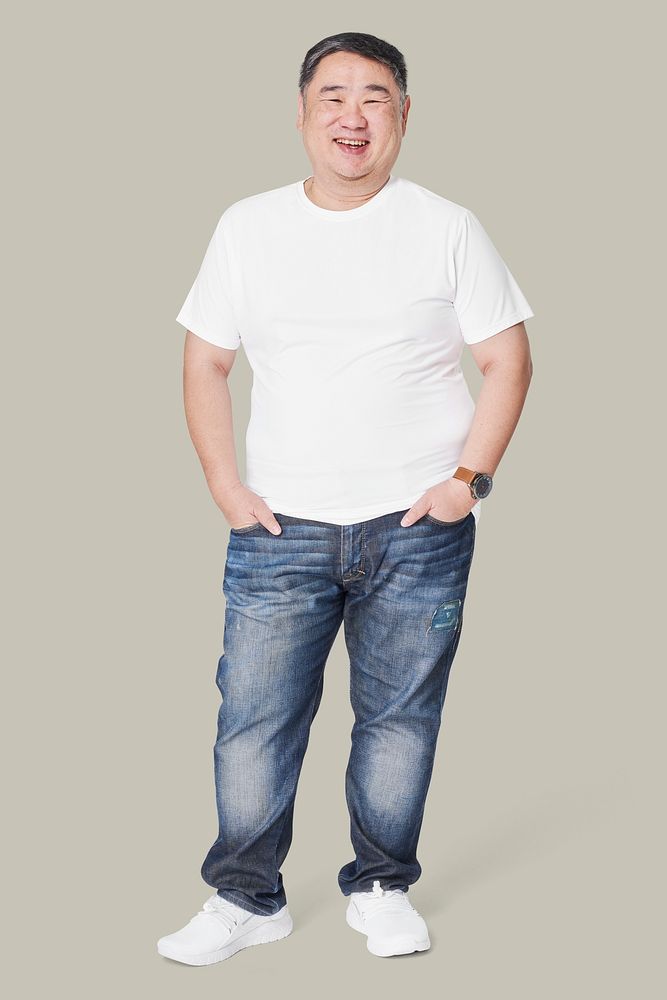 Men's white t-shirt and jeans plus size fashion psd mockup studio shot