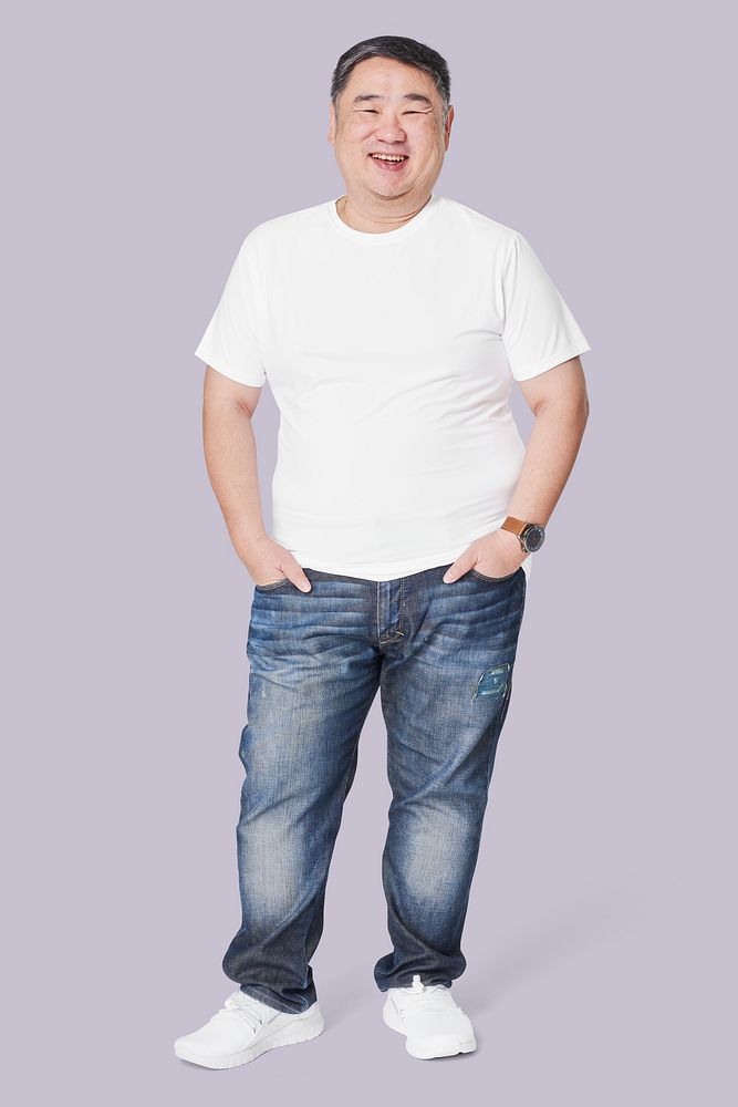 Men's yellow t-shirt and jeans plus size fashion psd mockup studio shot