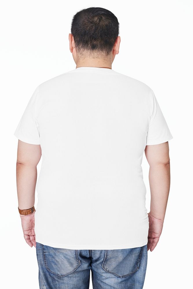 Plus size men's white t-shirt and jeans fashion psd mockup studio shot