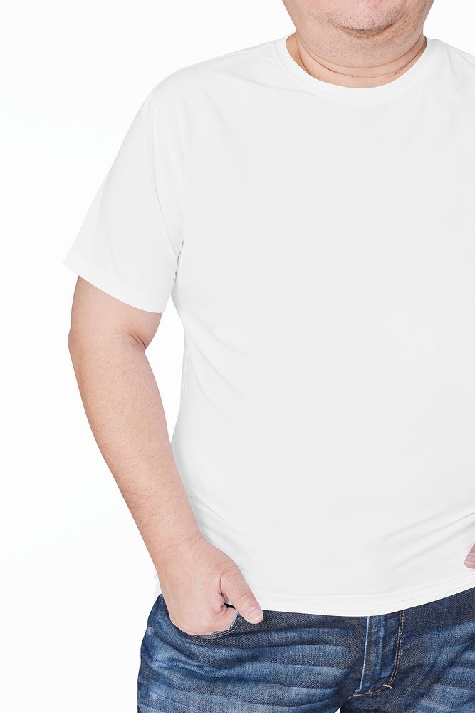 Men's white t-shirt and jeans plus size fashion mockup psd studio shot