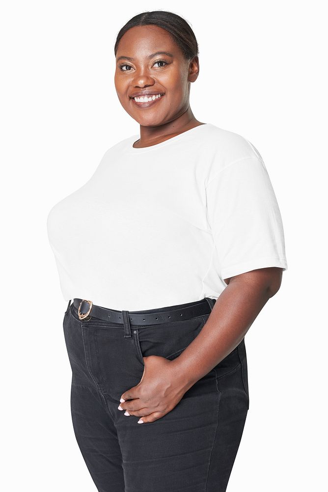 Women's white t-shirt and jeans plus size fashion mockup psd studio shot