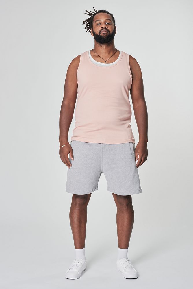 Men's pink tank top and shorts mockup full body